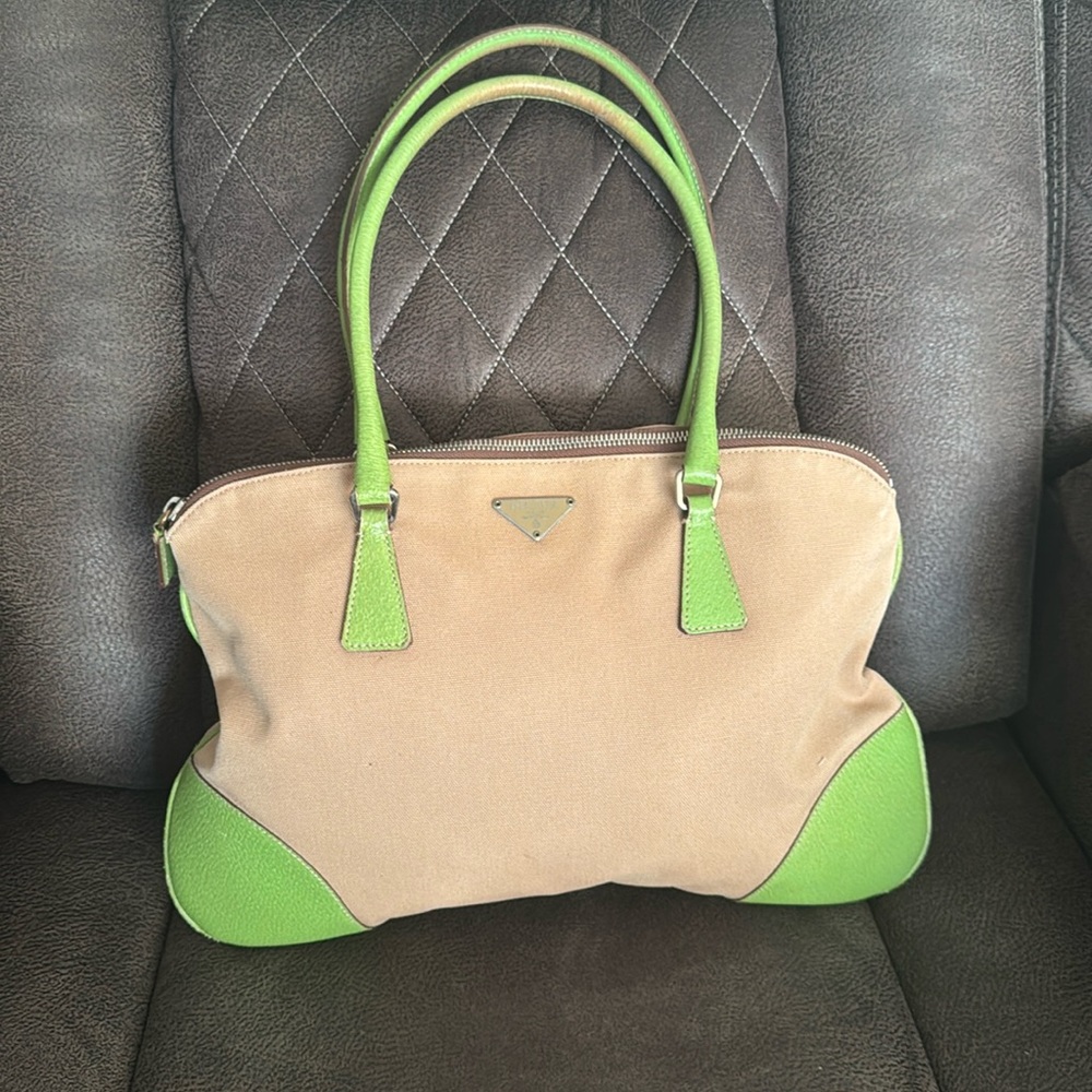 PRADA Hand Bag Canvas Beige Green Silver Auth 92186